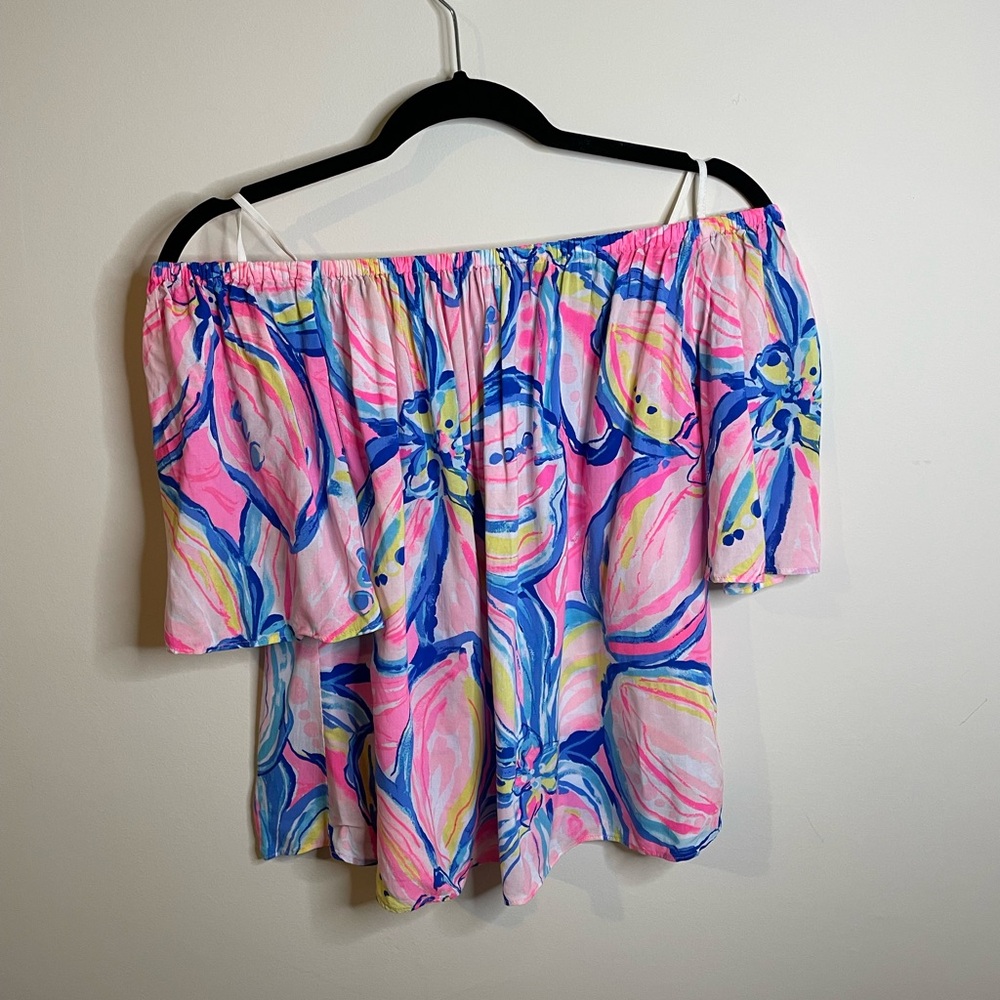 Lilly Pulitzer Off Shoulder Sain Top in “Pink Sunset The Sunny Side Resortwear
